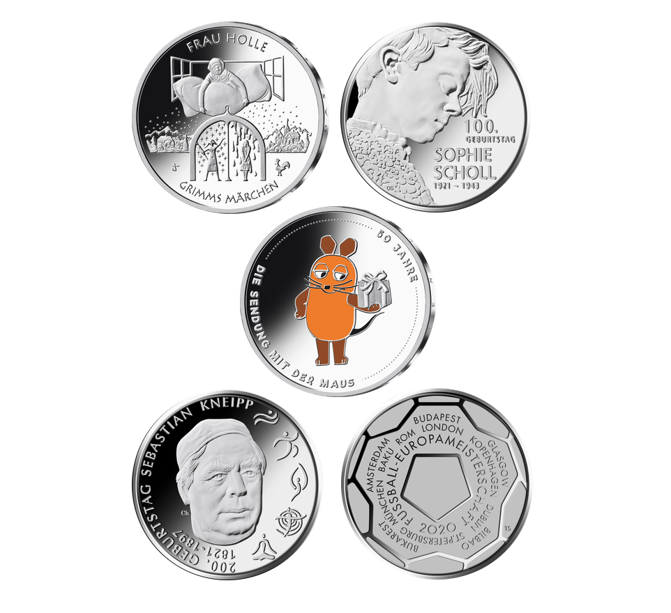 5 x 20 Euro Silber Deutschland 2021 Maus, Fr Holle, S.Scholl, S.Kneipp, Fußball EM