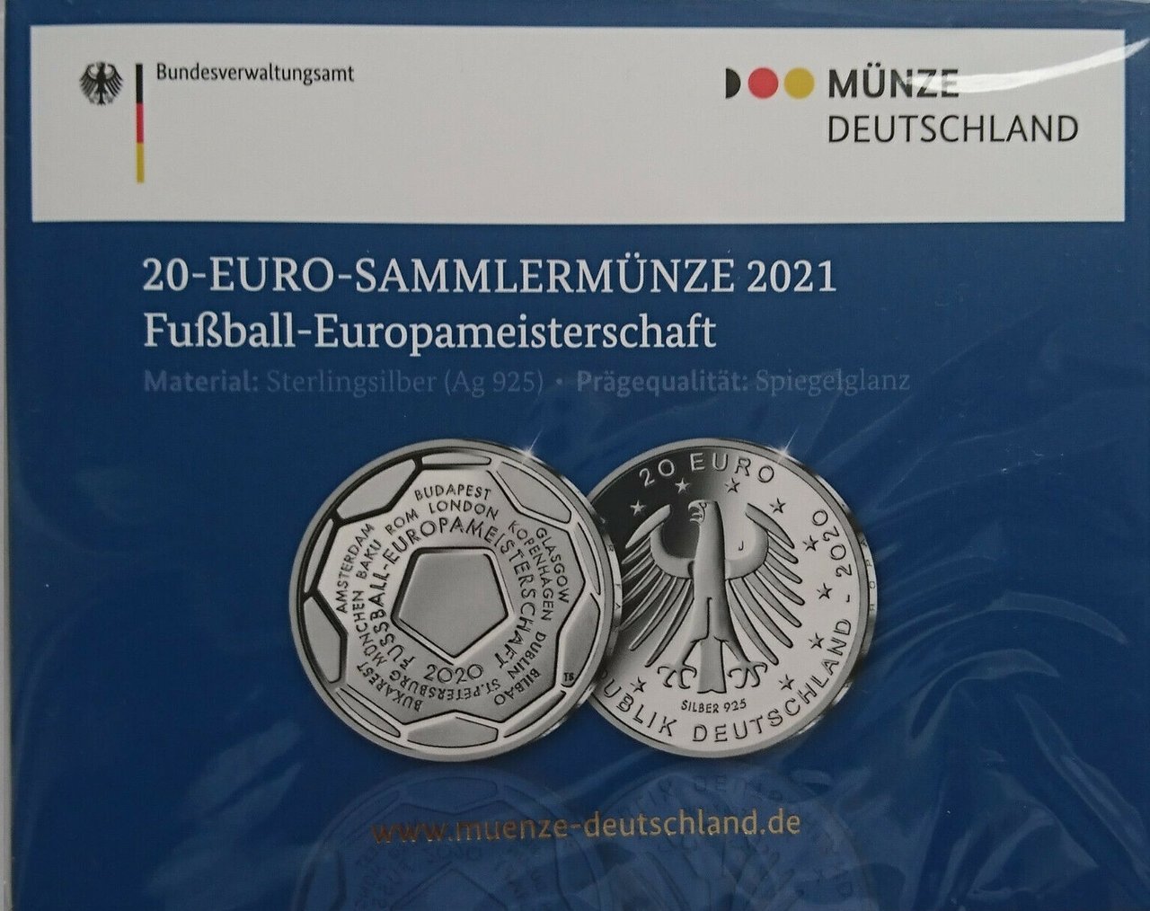 20 Euro Silber Deutschland 2020 Fußball-Europameisterschaft 2020 SPIEGELGLANZ