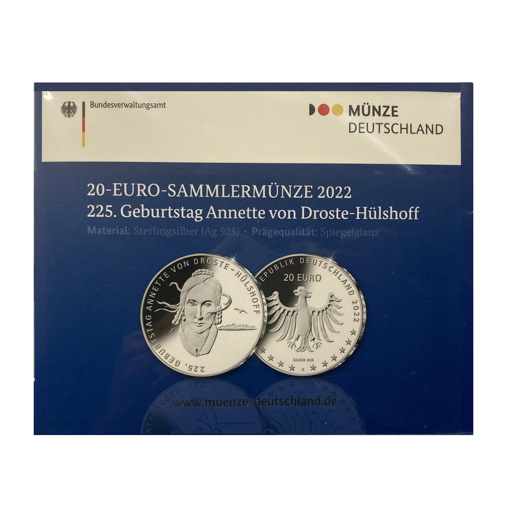 20 Euro Silber Deutschland 2022 Anette von Droste-Hülshoff SPIEGELGLANZ