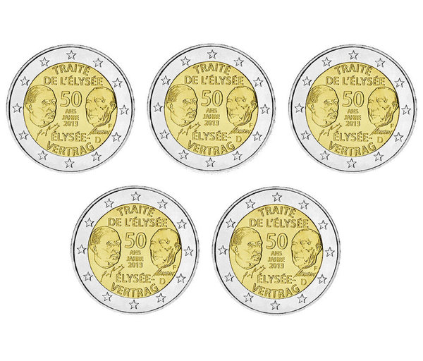 5 x 2 Euro Deutschland 2013 50 Jahre Elysee-Vertrag ADFGJ