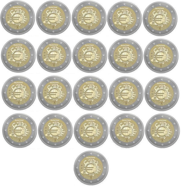 21 x 2 Euro Gedenkmünzen 2012 10 Jahre Bargeld