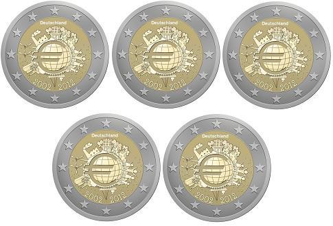 5 x 2 Euro Deutschland 2012 10 Jahre Euro Bargeld ADFGJ