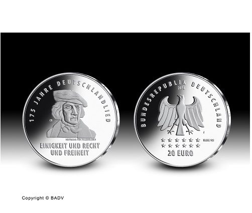 20 Euro Silber Gedenkmünze Deutschland 2016 175 Jahre Deutschlandlied stempelglanz 925Ag