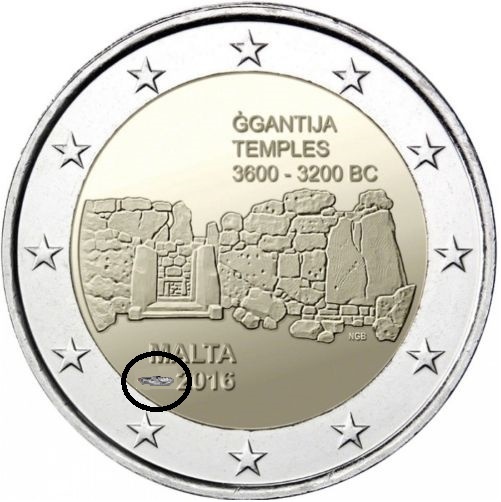 2 Euro Sondermünze Malta 2016 Ggantija Tempel mit Prägezeichen der MdP F im Stern
