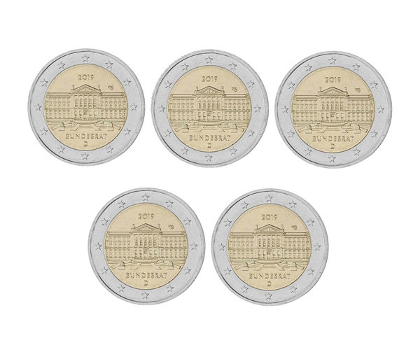 5 x 2 Euro Sondermünze Deutschland 2019 ADFGJ Bundesrat
