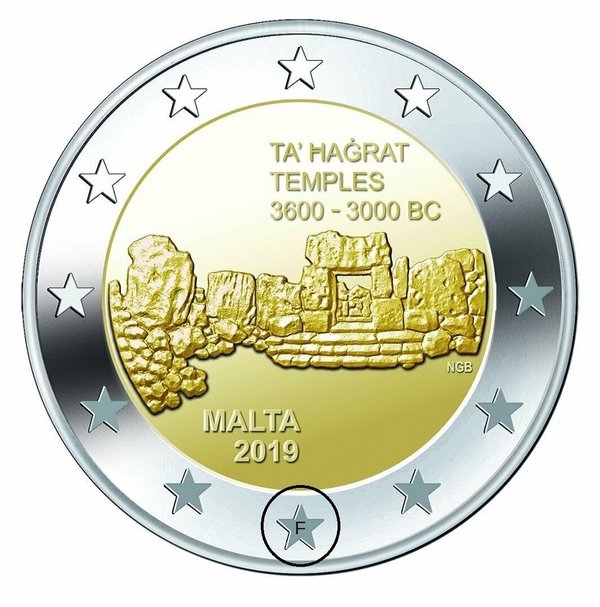 2 Euro Gedenkmünze Malta 2019 Tempel Ta’ Hagrat mit Münzzeichen F im 6h Stern
