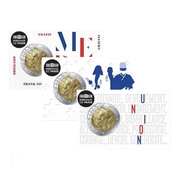 3 x 2 Euro Gedenkmünze Frankreich 2020 Medizinische Forschung MERCI HEROS UNION