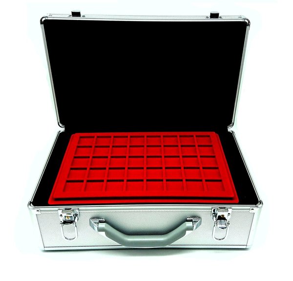 großer Aluminium Münzkoffer passend mit 12 Tableaus nach Wahl in rot / blau / schwarz