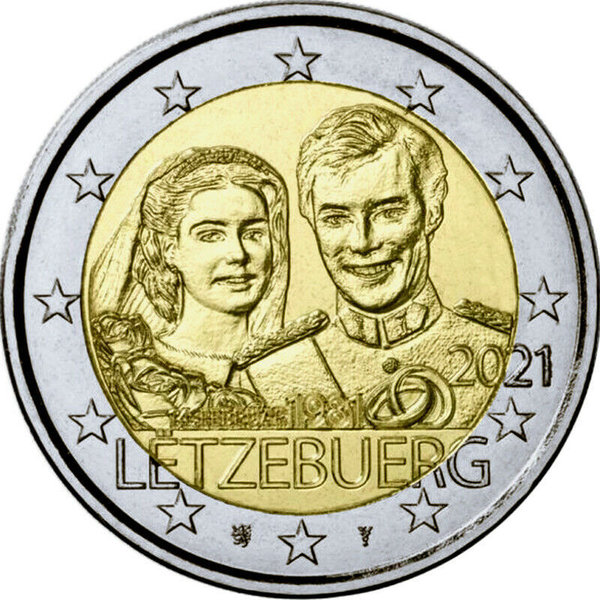 2 Euro Gedenkmünze Luxemburg 2021 40. Hochzeitstag Maria Teresa und Henri - Relief