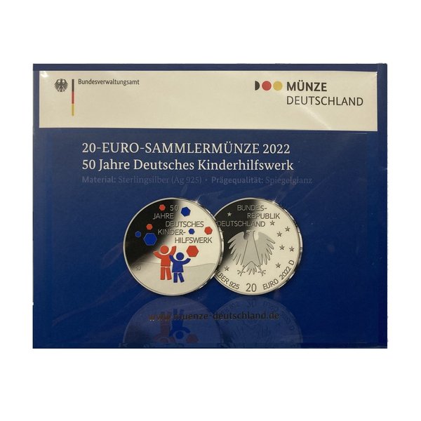 20 Euro Silber Deutschland 2022 50 Jahre Deutsches Kinderhilfswerk SPIEGELGLANZ